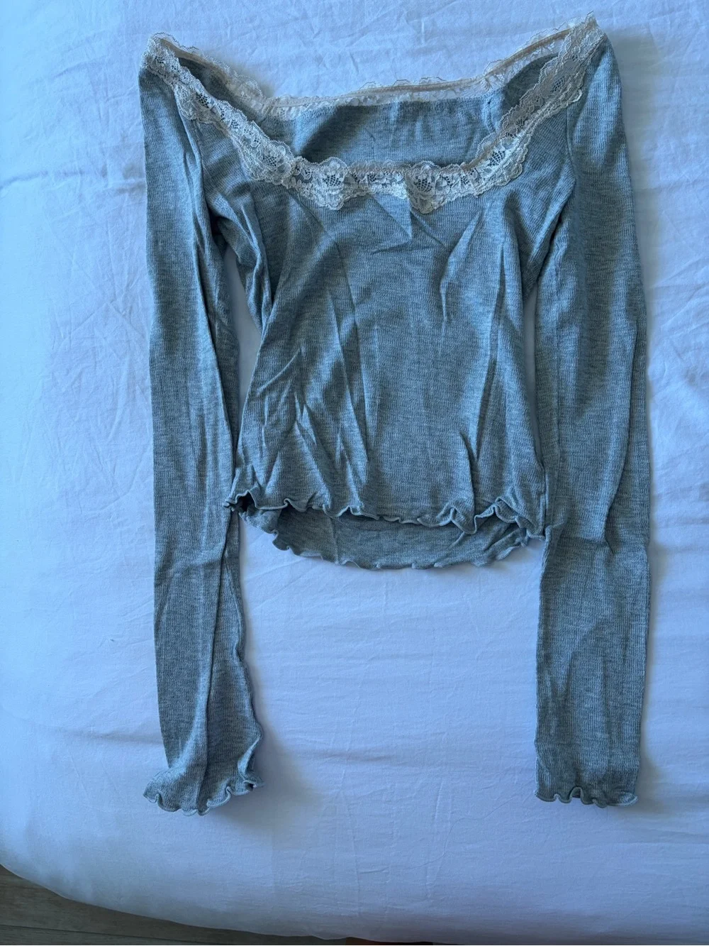 Free People oh my darling Light Gray Lace-Trim Long Sleeve Top